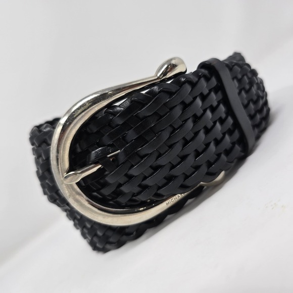 Michael Kors Accessories - Michael Kors Black Woven Braided Leather Belt Silver Buckle 553633 Medium READ